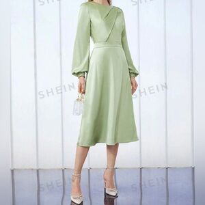 Motf Premium Satin Balloon Sleeve Midi Dress by Shein